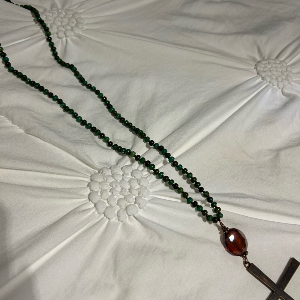 Green Beaded Cross Necklace